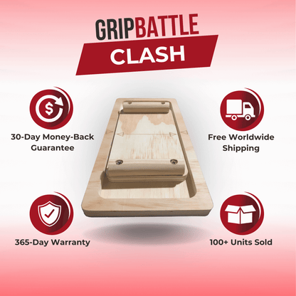 GripBattle Clash board with promotional text and icons on a gradient background