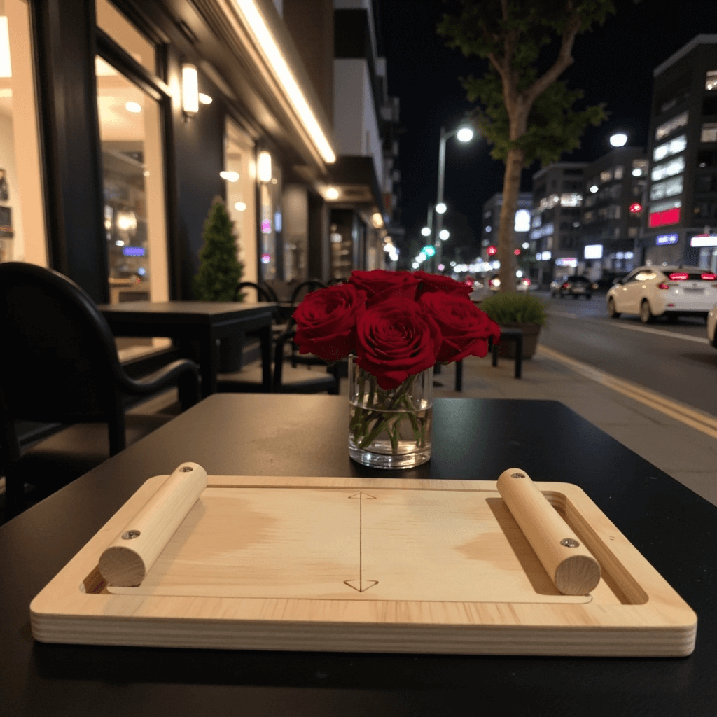 GripBattle Clash board with red roses in a vase on a table outside a restaurant at night.