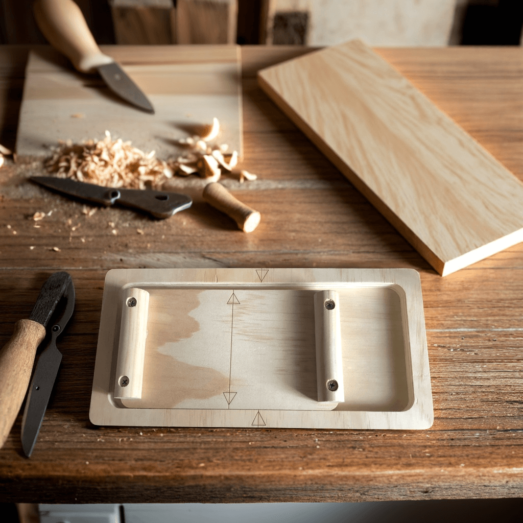GripBattle Clash board beside some woodworking tools and materials on a wooden workbench