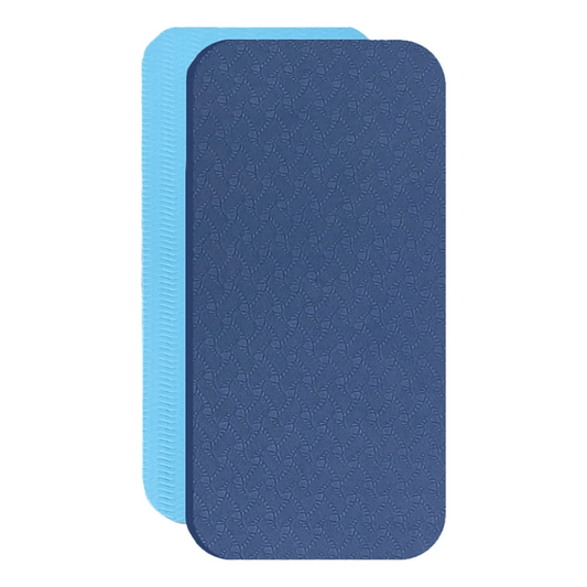 Two blue textured non-slip cushioned mats stacked on a white background
